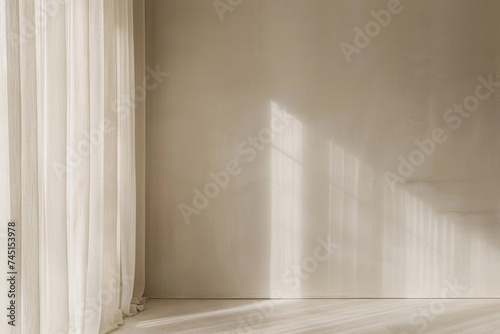 An empty room is light beige toned  minimalist style  soft light  straight view of the empty wall.