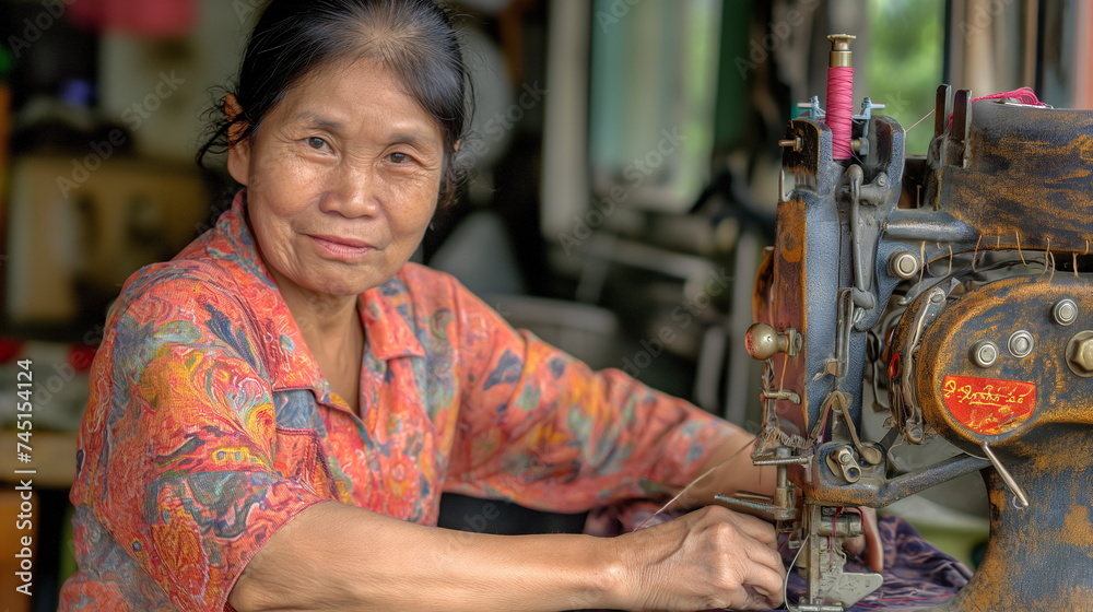 Seniour asian woman working as a seamstress, sewer using equipment, textile industry, clothes design, diversity - obrazy, fototapety, plakaty 