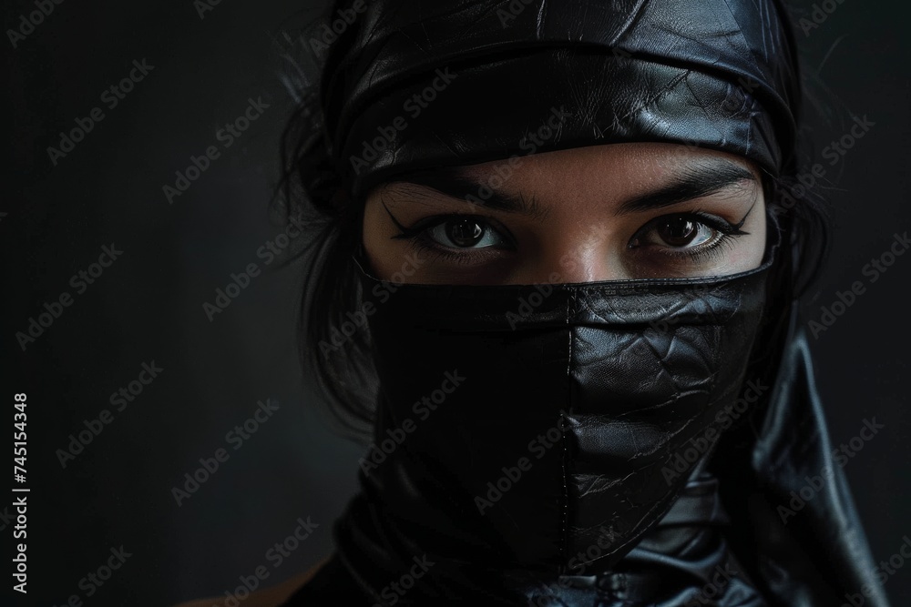 a Japanese woman donning a black ninja hood, epitomizing the essence of strength and stealth in martial arts. Generative AI. a Japanese woman donning a black ninja hood, epitomizing the essence of strength and stealth in martial arts. Generative AI.