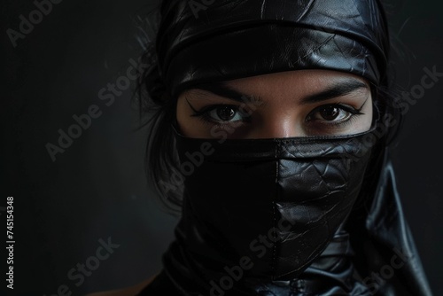 a Japanese woman donning a black ninja hood, epitomizing the essence of strength and stealth in martial arts. Generative AI.