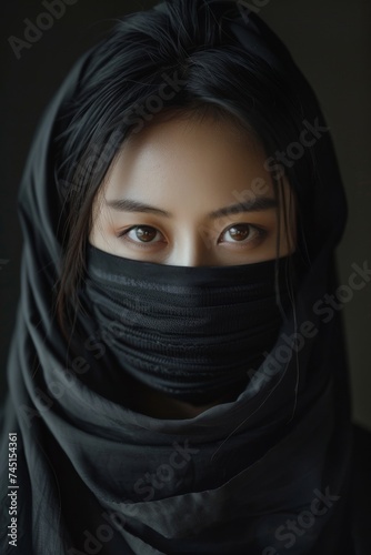 a Japanese woman donning a black ninja hood, epitomizing the essence of strength and stealth in martial arts. Generative AI.
