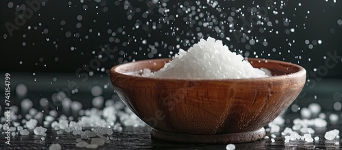 A wooden bowl on a table is filled with sugar, creating a sweet and simple display. The sugar contrasts against the dark backdrop, with a sprinkling of textured sea salt adding a touch of uniqueness. photo