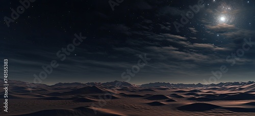 Beneath a blanket of stars, the desert unfolds with graceful sand dunes, casting surreal shadows under the enchanting night sky