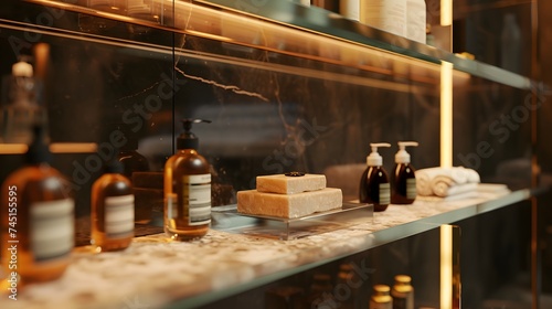 A stylish glass shelf in a luxury spa, lined with exotic soap bars and therapeutic shampoo bottles.