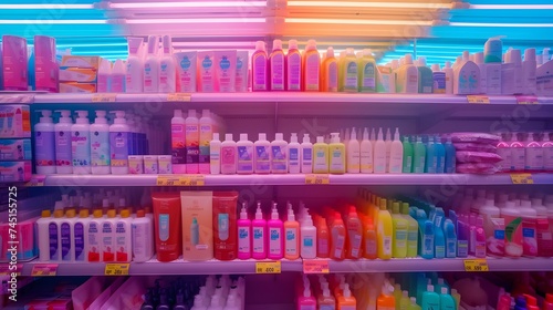 A vibrant supermarket shelf brimming with colorful soap and shampoo packages, under bright, fluorescent lights.