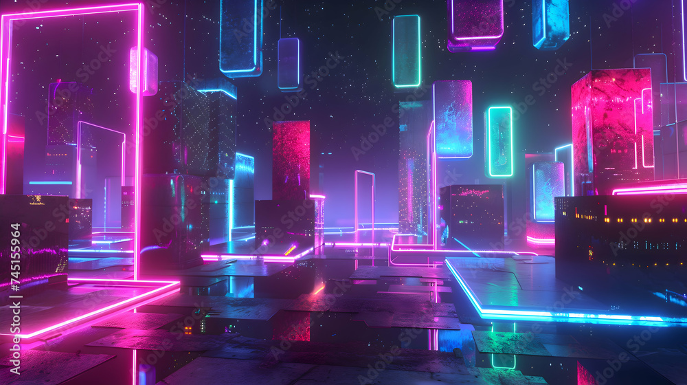 An electrifying image capturing the abstract elegance of geometric shapes and structures glowing with neon colors and lights, creating a futuristic ambiance in cyberspace against a dark background
