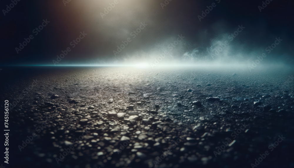 Eerie night road with dense fog and a soft glow on the horizon. Atmospheric design template. Generative AI