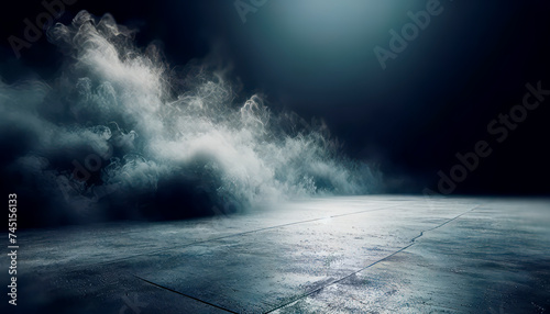 Mysterious smoke floating over a dark room with a concrete floor. Concept of suspense and drama. Generative AI photo