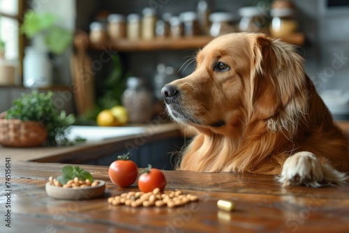 Dog is examining pet supplements on a wooden table. Ai generative