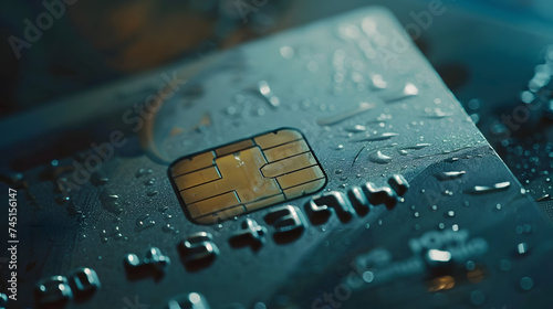 close-up of a credit card with a chip and PIN. The credit card made of plastic or metal, and it issued by a bank or a credit card company. The chip located on the front or back of the card.