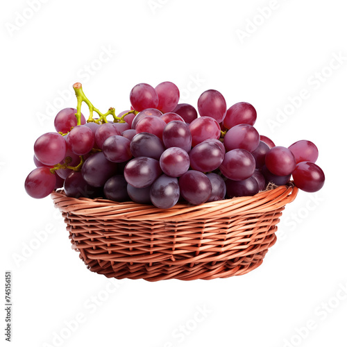 Red grapes in a wicker basket isolated on transparent or white background, png