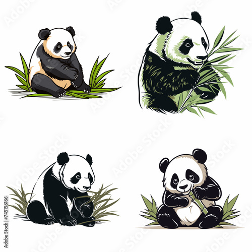 Panda (Panda Eating Bamboo). simple minimalist isolated in white background vector illustration