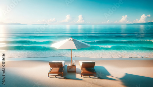 Peaceful beach scene with sun loungers and umbrella on pristine sands, calm turquoise waters. Serenity concept. Generative AI © Who is Danny