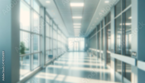 Blurred bright corridor in a modern office building  conveying a clean and professional atmosphere. Generative AI