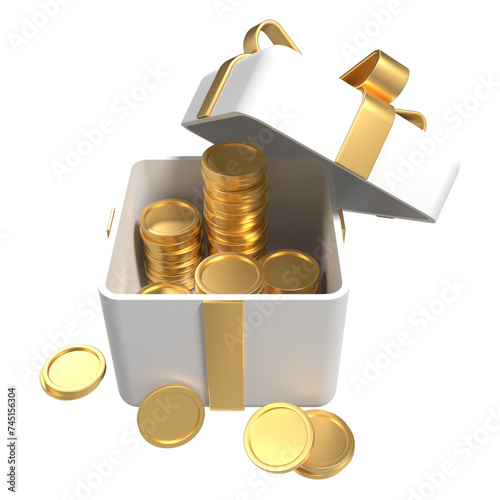 3D open gift box with golden coins and ribbon. Money prize reward. Earn point and get rewards. 3D rendering