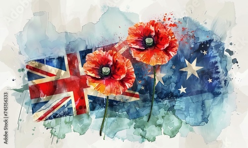 Anzac Day background with grunge watercolor Australia flag and poppy flowers. Remembrance symbol. Lest we forget. photo