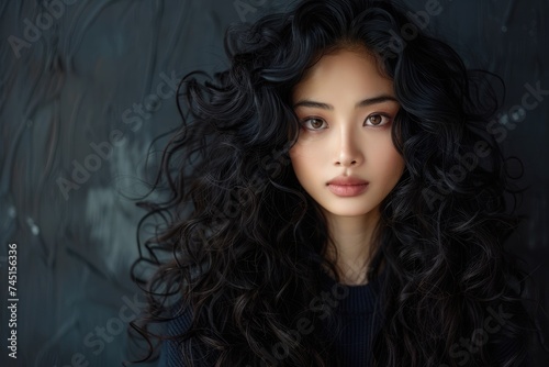 Asian young lady with long  wavy hair. Ai generative