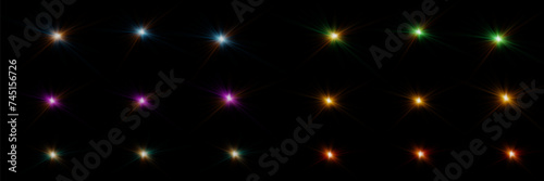  Set of light effects and flashes. Flash lens flare. On a black background.