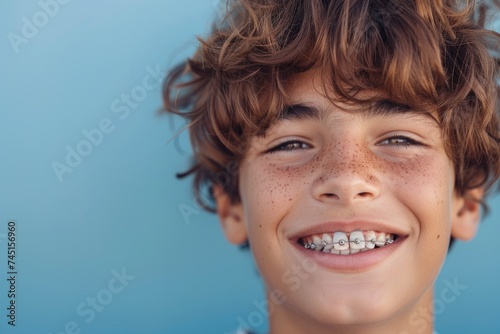 The adolescent boy wearing braces grinning broadly.  Ai generative photo