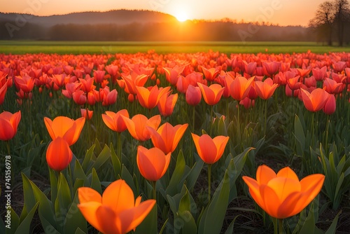 The landscape of tulip blooms in a field #745156978