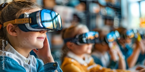 Portrait of little boy wearing virtual reality glasses in amusement park. © Henryz