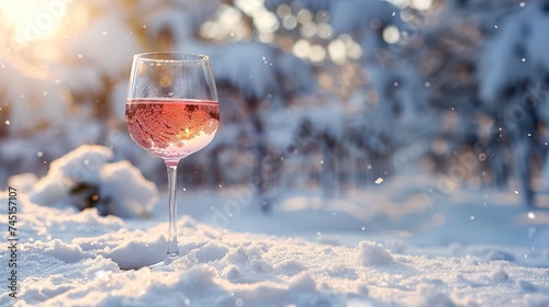 A glass of red wine in winter with snowy backdrop kept in outdoor with a big empty space for text or product, Generative AI. photo