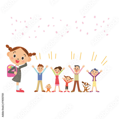 小学生の女の子入学式を喜ぶ家族