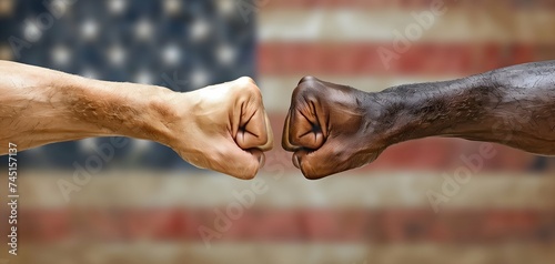 Close-up of two hands with clenched fists against american flag