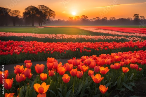 The landscape of tulip blooms in a field #745157149