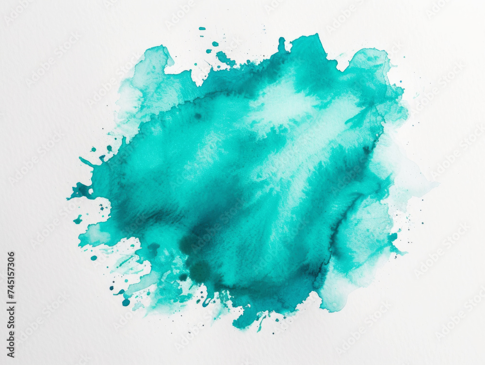 Turquoise watercolor stain with dripping splatter on textured paper. Creativity concept. Generative AI