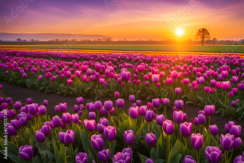 The landscape of tulip blooms in a field #745157361