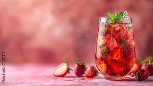 A glass of strawberry sangria cocktail with a clean backdrop with a big empty space for text or product, Generative AI.