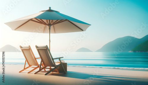 Tranquil beach morning with elegant sun loungers and umbrella, idyllic sea view. Luxury and travel concept Generative AI © Who is Danny