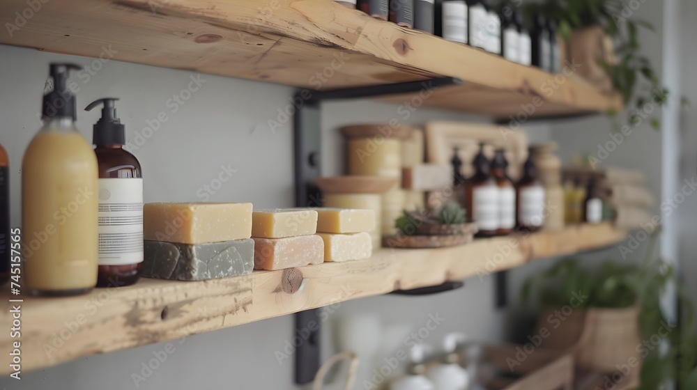 An eco-friendly shelf in a zero-waste store displaying handmade soap bars and organic shampoos in reusable containers.