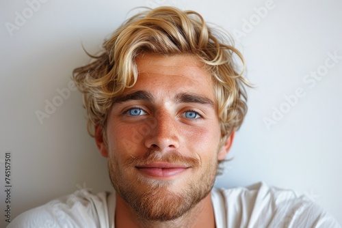 On a white backdrop, a happy young blond male with blue eyes. Ai generative