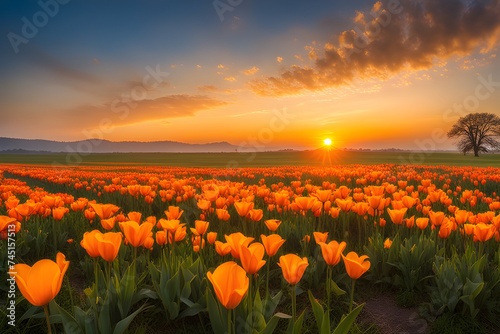 The landscape of tulip blooms in a field