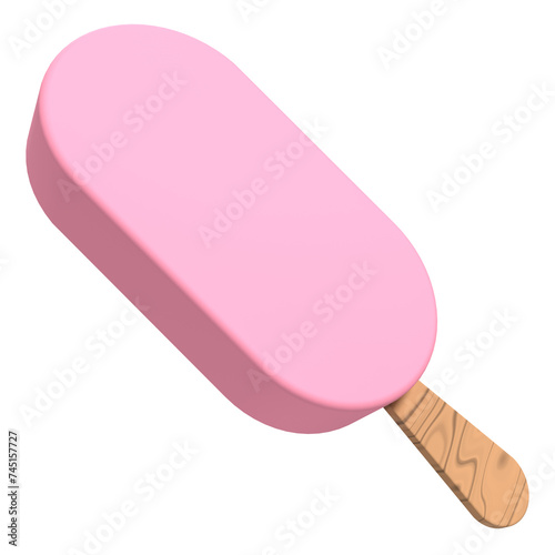 Strawberry ice cream bar. Ice cream dessert with a popsicle stick. Strawberry ice cream. 3D rendering