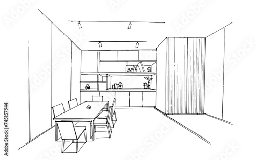 Interior design sketch of the dining area and pantry. , Graphic assembly in architecture and interior design work. ,Sketch ideas for interior or exterior designs.