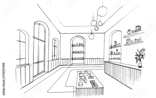 interior design sketch Inside the product store. , Graphic assembly in architecture and interior design work. ,Sketch ideas for interior or exterior designs.