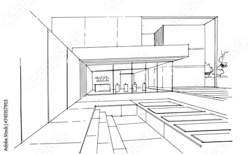 Drawing exterior and interior architectural lines. , Graphic assembly in architecture and interior design work. ,Sketch ideas for interior or exterior designs.