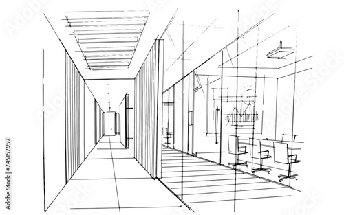 Company office interior design sketch. , Graphic assembly in architecture and interior design work. ,Sketch ideas for interior or exterior designs.