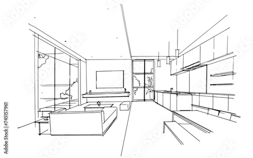 Interior design sketch of a modern home living room. , Graphic assembly in architecture and interior design work. ,Sketch ideas for interior or exterior designs.