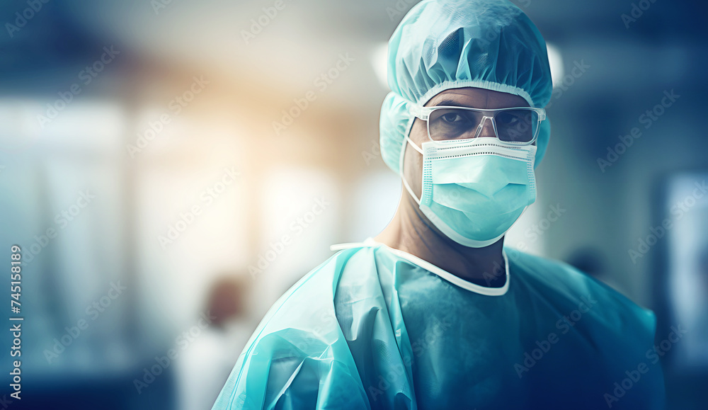 Portrait of mature doctor wearing surgical mask and surgical attire and protective eyewear in operating room Portrait of mature doctor wearing surgical mask and surgical attire and protective eyewear in operating room