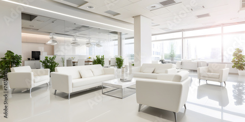 Modern office lobby interior has white furniture with plants and large window in style of chrome reflections with refined elegance and luminous hues in precisionist style © Bonsales