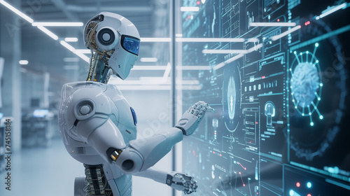 AI Robot in Healthcare: Futuristic AI Robot Analyzing Digital Brainscan. Future of Healthcare Concept