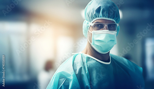 Portrait of mature doctor wearing surgical mask and surgical attire and protective eyewear in operating room photo