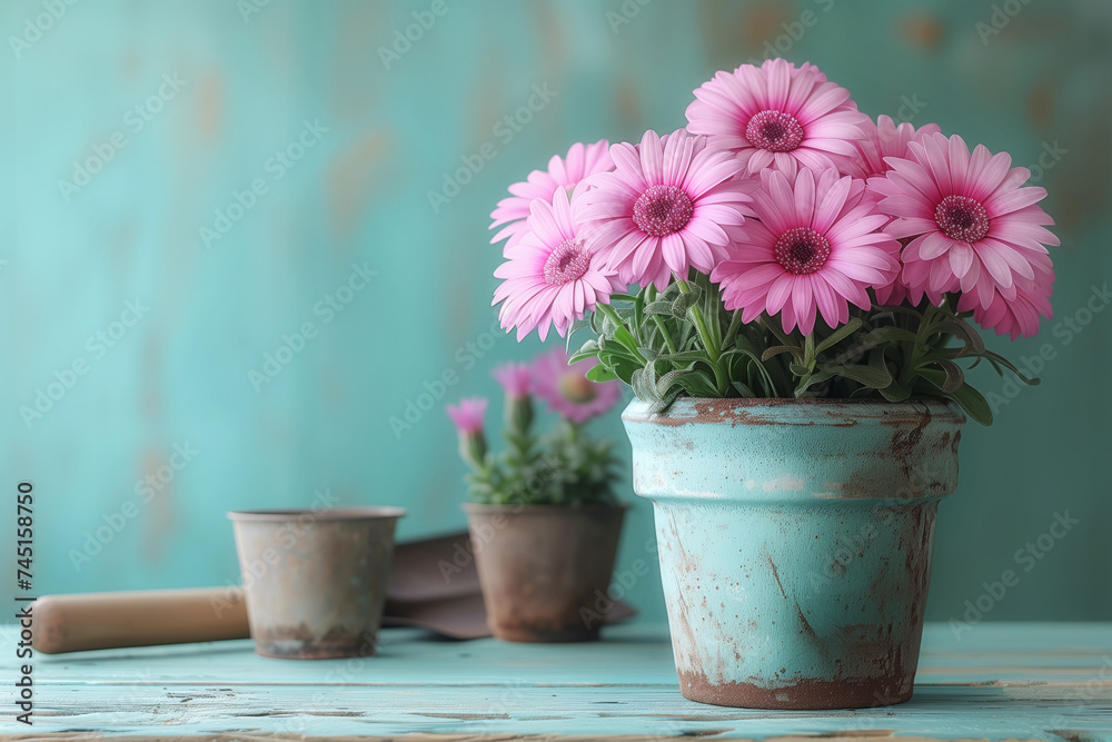 Osteospermum flowers in pot on blue wooden table with copy space.