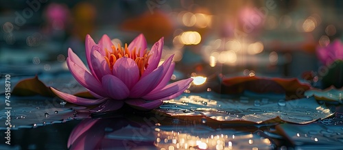 A bright pink flower is delicately perched on top of a small puddle of water, creating a vibrant and beautiful contrast between the flower and the liquid surface.