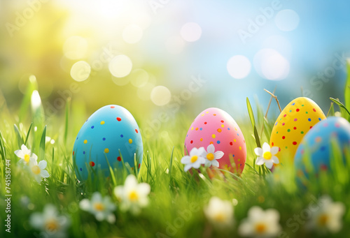 close-up of colorful easter eggs in the grass