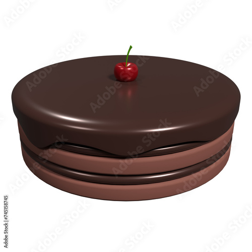 Chocolate cake with cherry. Chocolate cake 3d icon. Chocolate cake with dripping melted. 3D rendering illustration